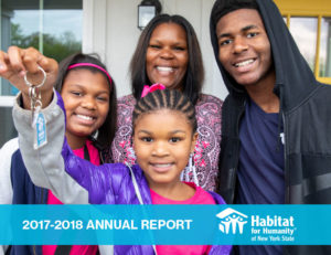 2017-2018 Annual Report cover image with a Habitat family holding up keys