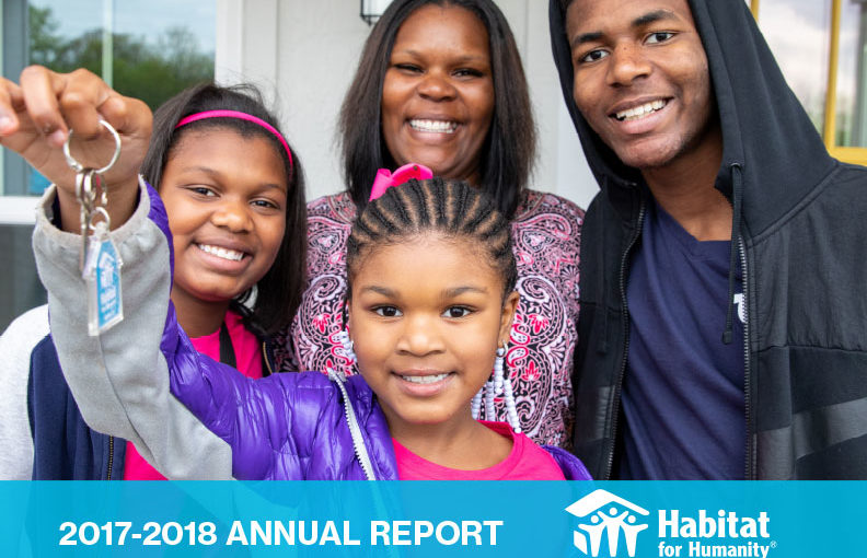 2017-2018 Annual Report cover image with a Habitat family holding up keys